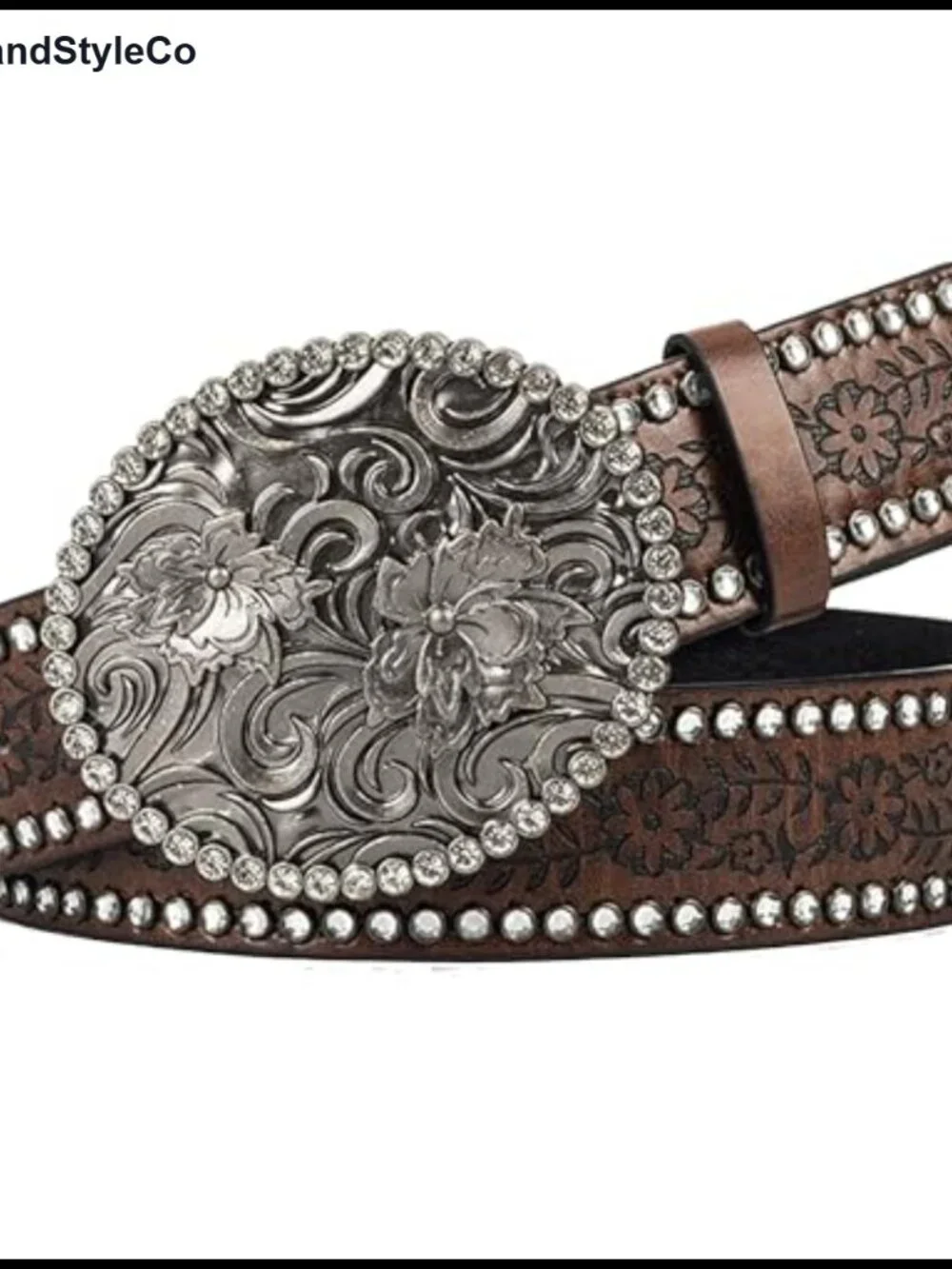 Women's PU Leather Western Belt with Rhinestone Buckle, 45 inch